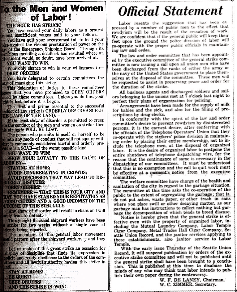 Seattle General Strike, Message and Statement, SUR p1, Feb 6, 1919