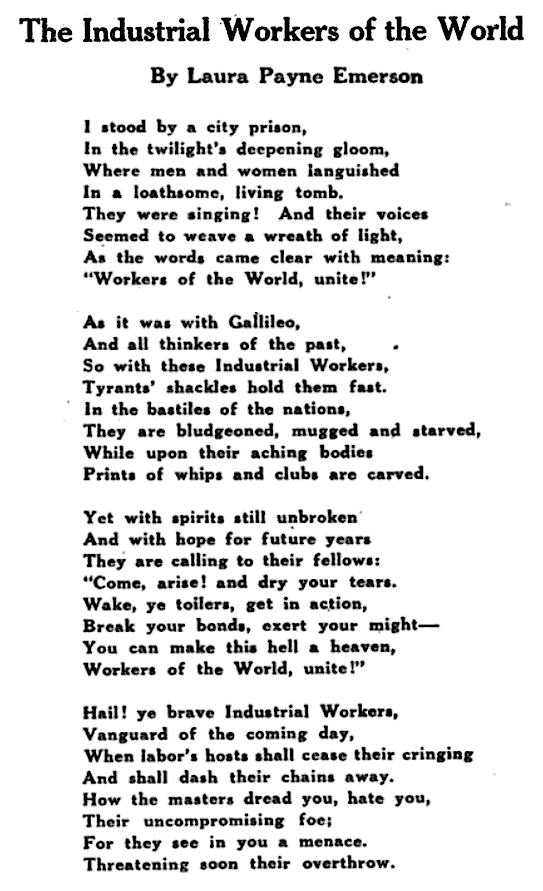 IWW Songs, IWW by Laura Payne Emerson, Industrial Pioneer p12, Mar 1921
