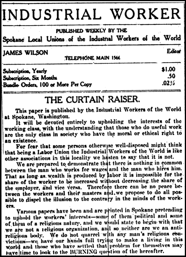 Industrial Worker Spokane, Curtain Raiser, Mar 18, 1909