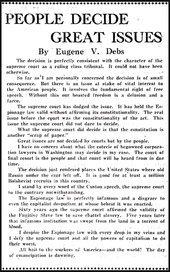 Statement EVD re Debs v US, OH Sc p2, Mar 19, 1919