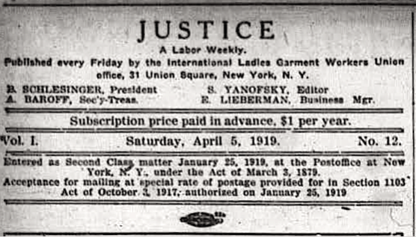 ILGWU, Justice, Editor Yanofsky, p4, Apr 5, 1919