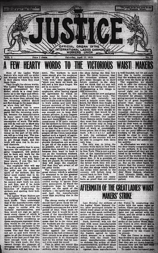 Justice p1, Organ of ILGWU, Apr 12, 1919