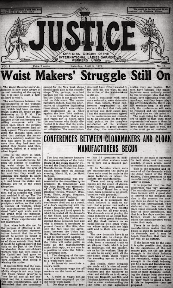 Justice p1, Organ of ILGWU, Apr 5, 1919