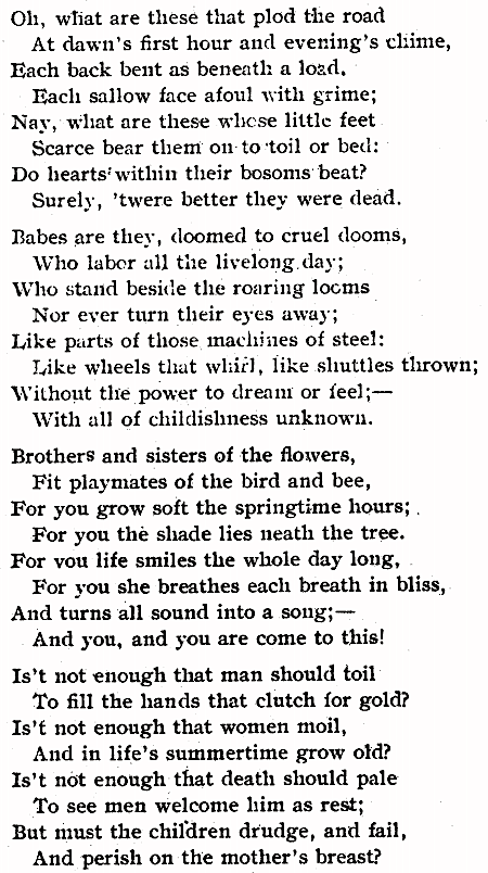 POEM Child Labor, I Children of the Loom by WF Barnard, Wilshires p13, Apr 1909
