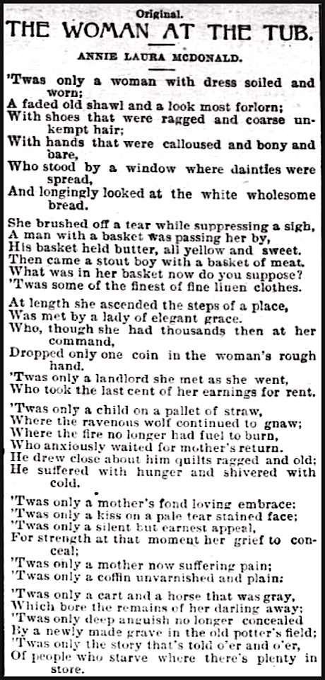 Poverty, POEM Woman at Tub, Annie Laura McDonald, AtR p3, Apr 22, 1899