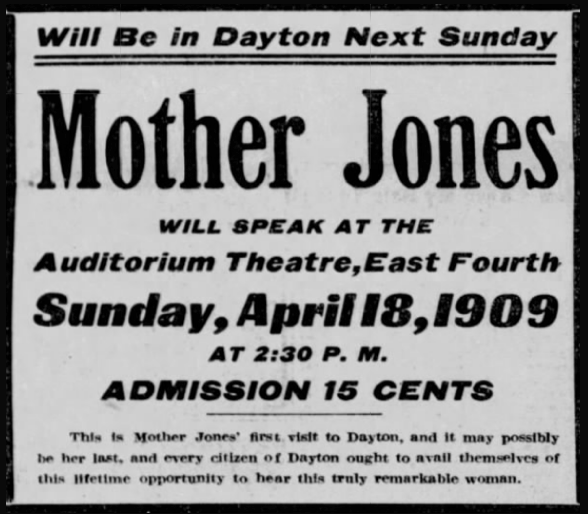 Ad, Mother Jones to Speak, Dytn OH Hld p2, Apr 15, 1909