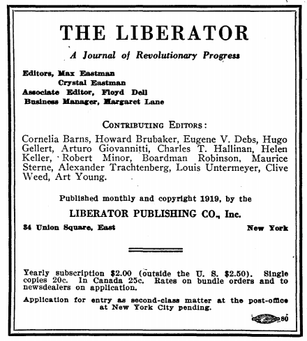 Masthead, Eastman Editor, Liberator, May 1919