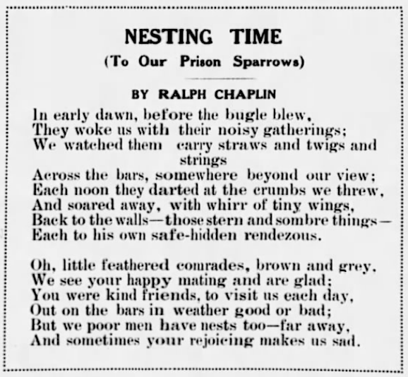 POEM Prison Sparrows by Ralph Chaplin, Lv Nw Era p2, May 23, 1919
