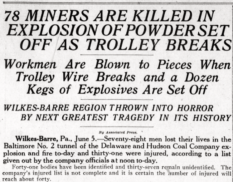 Baltimore Tunnel No 2 Explosion, Wilkes Barre, Harrisburg Tg p1, June 5, 1919
