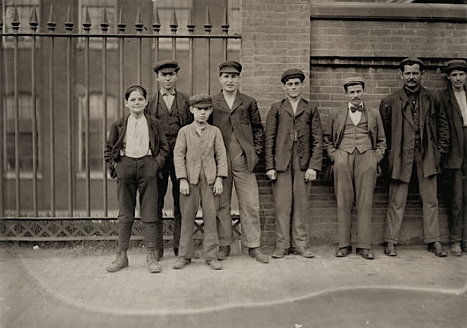 Child Labor, Lewis Hine, NCLC, Boys at Gate 6 AM, Dover NH, May 15, 1909 