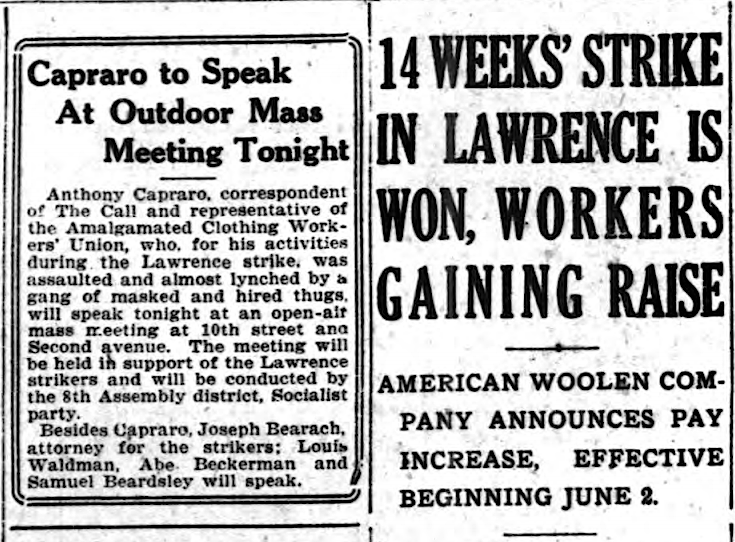 Lawrence Textile Strike, Victory Capraro Returns, NY Call p1, May 21, 1919