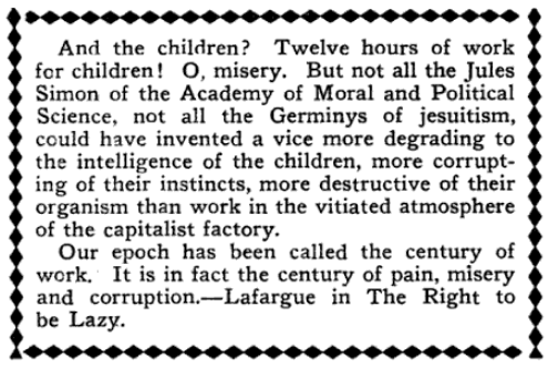 Lg Quote Lafargue re Child Labor, ISR p945, June 1909