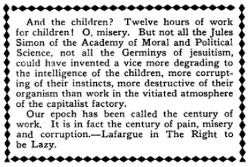 Quote Lafargue re Child Labor, ISR p945, June 1909
