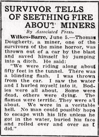 Survivor Describes Flames, Wilkes Barre MnDs, Harrisburg Tg p1, June 5, 1919