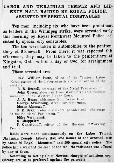 Wpg GS, Names Strike Leaders, Wpg Tb p1, June 17, 1919