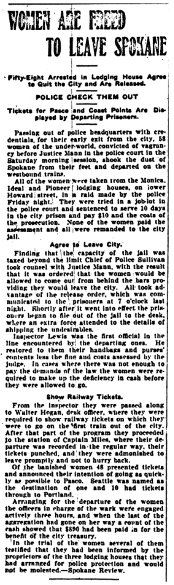58 Lodging House women Freed to Leave Spokane, IW p4, July 29, 1909