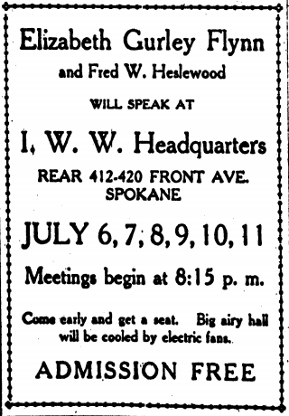 AD EGF w Fred Heslewood, Spk IWW HQ, IW p4, July 8, 1909