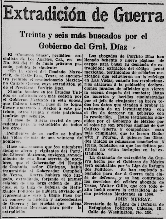Extradicion de Calixto Guerra by J Murray, SA TX El Regidor p1, July 1, 1909