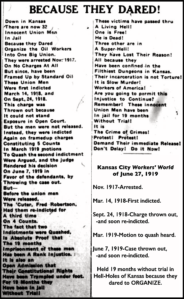 IWW Wichita Class War Prisoners, They Dared, KC Wkrs Wld p4, June 27, 1919