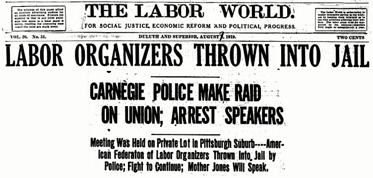 GSS HDLN Steel Organizers to Jail, LW p1, Aug 9, 1919 