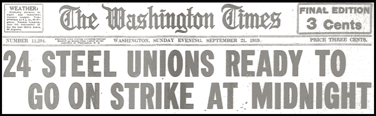 GSS 24 Steel Unions to Strike, WDC Tx p1, Sun Eve Sept 21, 1919