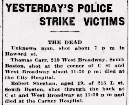WNF Boston Police Strike, List of Dead, Bstn Dly Glb p1, Sept 11, 1919