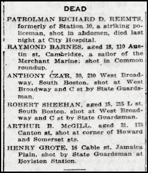 WNF Boston Police Strike, List of Dead, Bstn Dly Glb p7, Sept 12, 1919