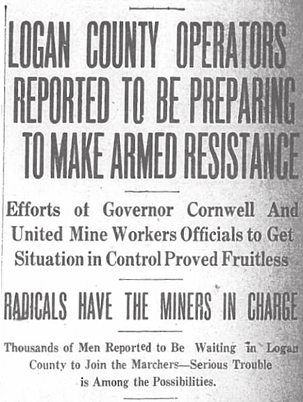 WV UMW, Armed Miners March Logan ed, WVgn p1, Sept 6, 1919