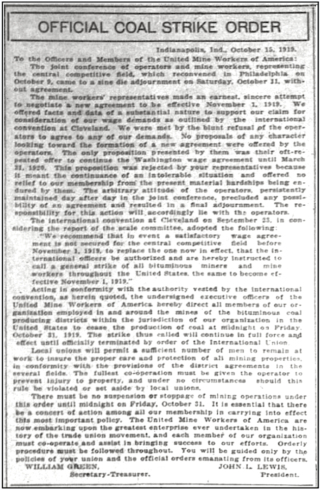Official Coal Strike Order, Ipl Ns p12, Oct 15, 1919