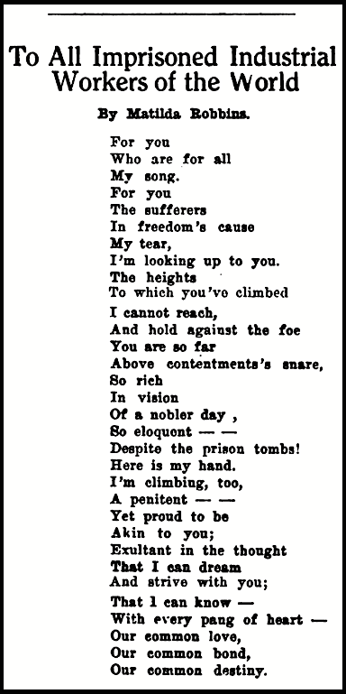 POEM for Imprisoned IWW by Matilda Robbins, OBU p37, Oct 1919