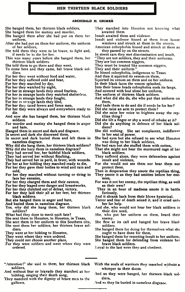 Poem, Archibald Grimke, 13 Black Soldiers, Messenger p25, Oct 1919