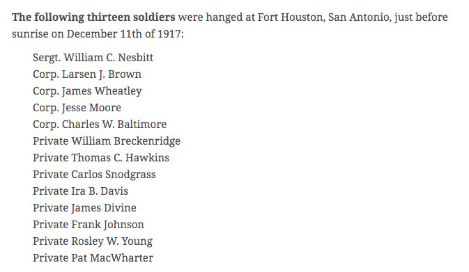 WNF, Black Soldiers Executed, Fort Houston, San Antonio, Dec 11, 1917