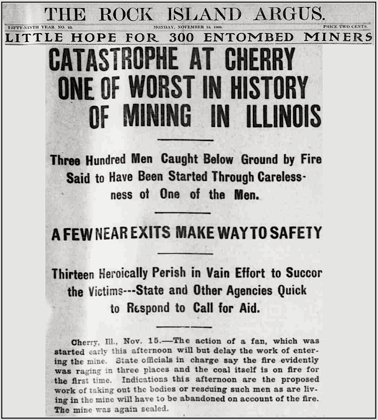 Cherry Mine Disaster of Nov 13, Rock Isl Arg p1, Nov 15, 1909