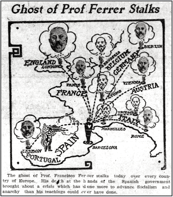 Francisco Ferrer Ghost Stalks Europe, Bisbee Dly Rv p1, Nov 5, 1909 