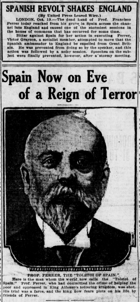 Francisco Ferrer, Spain Terror, Tacoma Tx p1, Oct 19, 1909