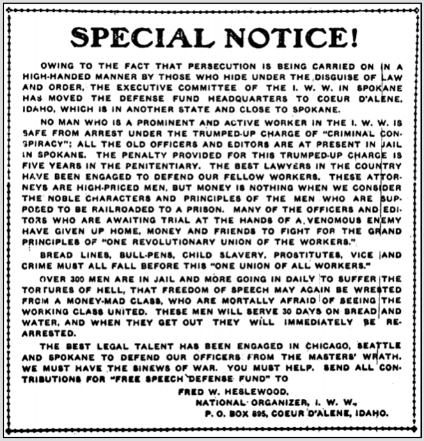 IWW Spk FSF Special Notice Heslewood, IW p1, Nov 17, 1909