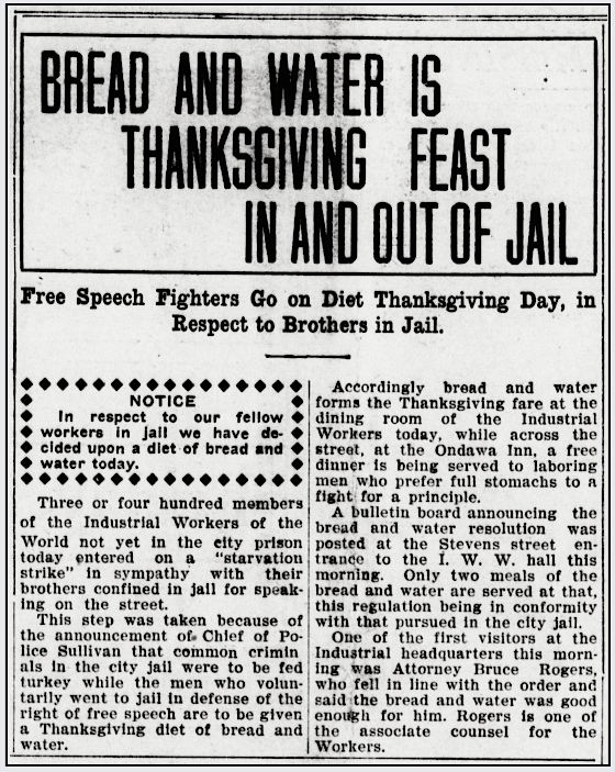 IWW SpkFSF Bread n Water Thanksgiving, Spk Prs p1, Nov 25, 1909