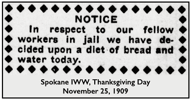 Quote Spokane IWW re Bread n Water, Spk Prs p1, Nov 25, 1909