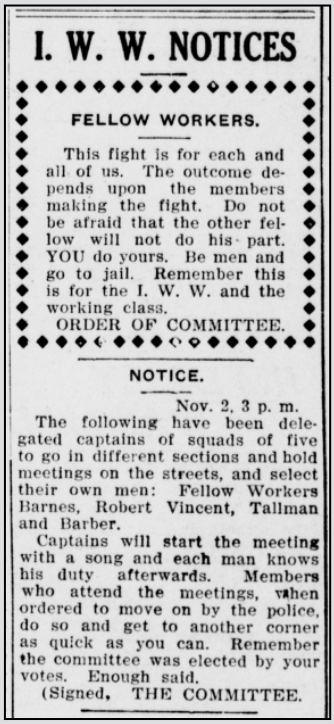 Spk FSF, IWW Notices, Spk Prs p1, Nov 3, 1909