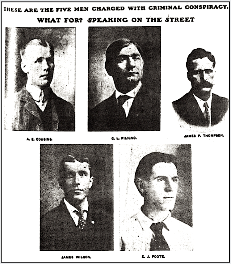 Spk FSF ed, IWW Cousins Filigno Thompson, Wilson Foote, IW p1, Nov 10, 1909