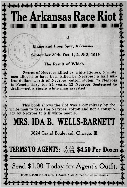 Arkansas Race Riot, Elaine, Hoop Spur, Sept 30 to Oct 3, 1919, IB Wells Barnett, 1920