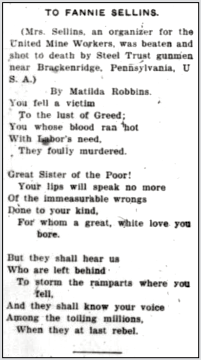 Fannie Sellins by Matilda Robbins, Wkrs Wld p4, Nov 28, 1919