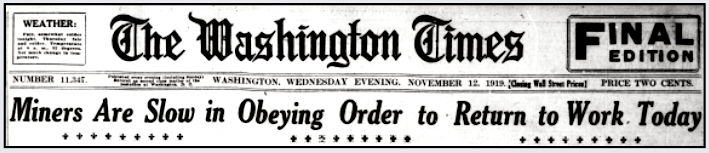 Great Coal Strike, re UMW Return to Work Order, WDC Tx p1, Nov 12, 1919
