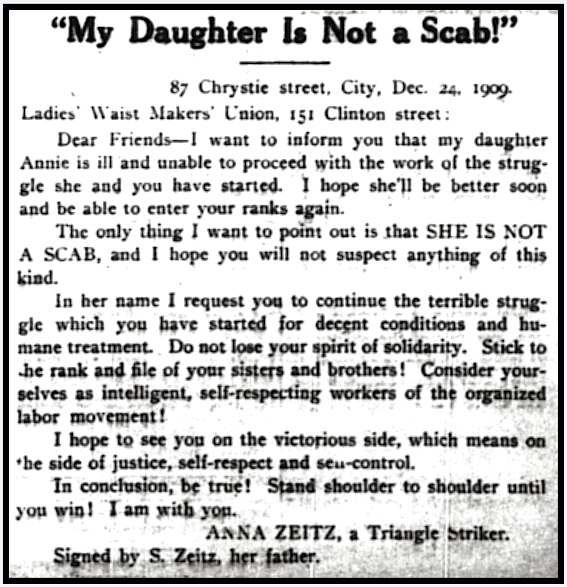 Uprising, Daughter Not a Scab, NY Call p3, Dec 29, 1909