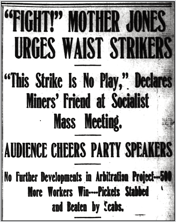 NYC Uprising, Mother Jones Speaks Dec 9, NY Cl p1, Dec 10, 1909