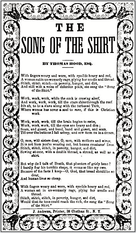 Song of the Shirt by Thomas Hood, J. Andrews, Printer, NY, 19thC Song Sheets, LoC