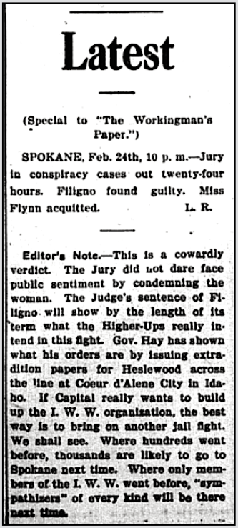 IWW Spk FSF, EGF Filigno Trial Verdict, Workingmns p4, Feb 26, 1910