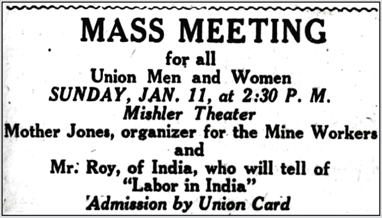 Mother Jones, Ad for Mass Mtg at Mishler, Altoona PA Tb p16, Jan 10, 1920