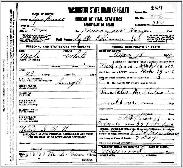 IWW Spk FSF, SO Chinn Death Certificate, WA Mar 18, 1910