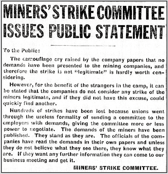 ACM Massacre, Miners Strike Com Statement, BDB p1, Apr 20, 1920